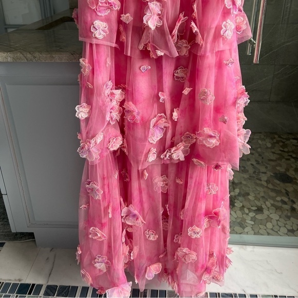 MARCHESA NOTTE Pleated Tiered Tulle Gown with 3D Flowers Blush Pink - Picture 6 of 12